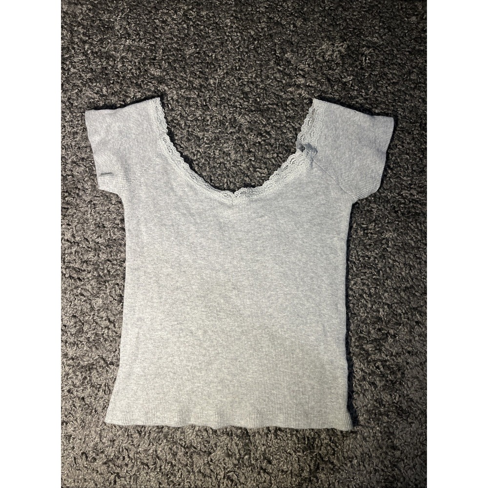J Halt Lace Trimmed V-Neck Ribbed‎ Cotton Short Sleeved Shirt Grey No Size